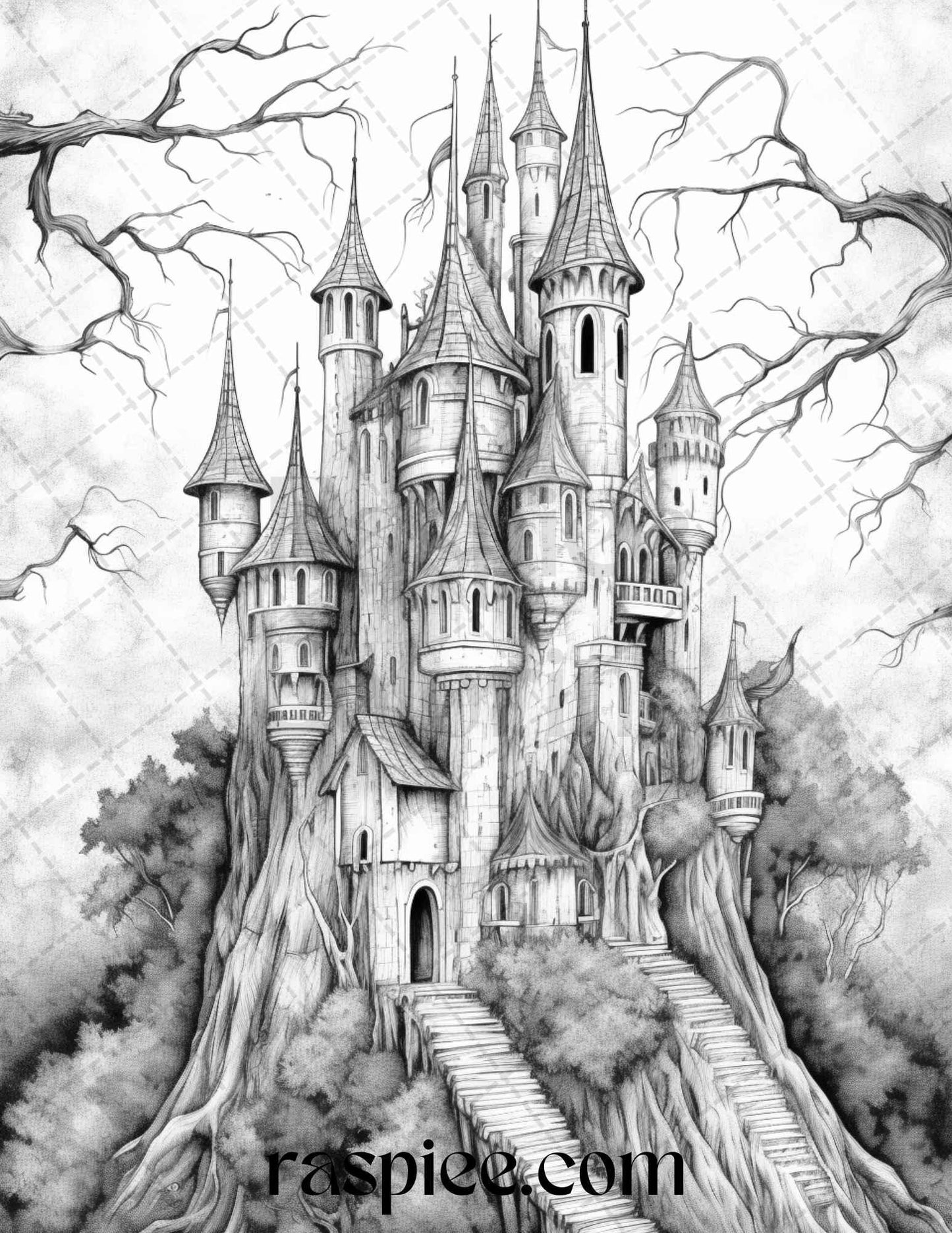 50 Haunted Castles Grayscale Coloring Pages Printable, Halloween Coloring Book, PDF File Instant Download