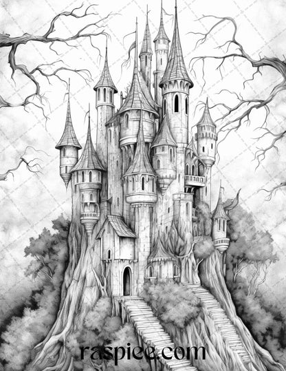 50 Haunted Castles Grayscale Coloring Pages Printable, Halloween Coloring Book, PDF File Instant Download