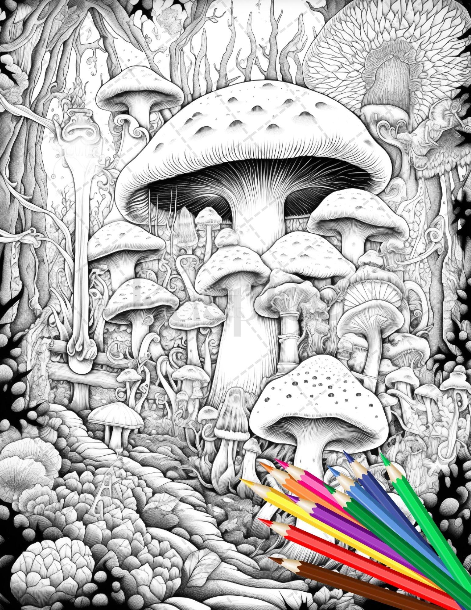 Psychedelic Mushroom Forest Coloring Book Printable for Adults, Trippy Grayscale Coloring Page, PDF File Instant Download
