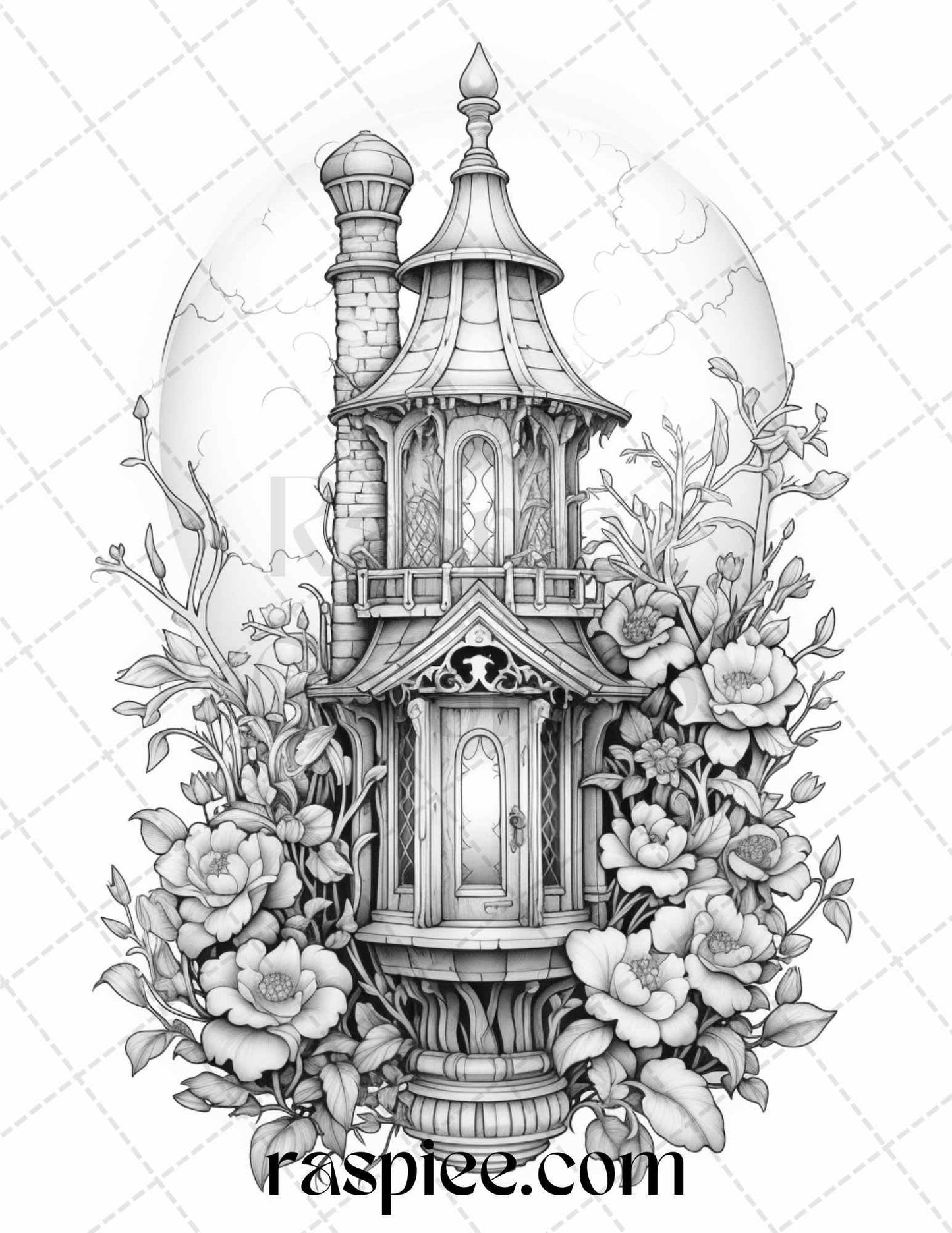 50 Lantern Fairy Houses Grayscale Coloring Pages Printable for Adults, PDF File Instant Download