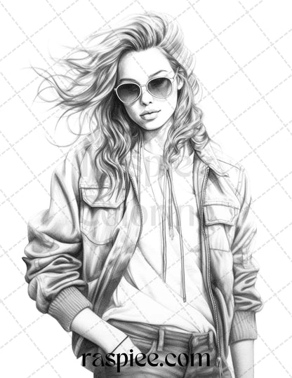 50 Streetwear Fashion Grayscale Coloring Pages Printable for Adults, PDF File Instant Download