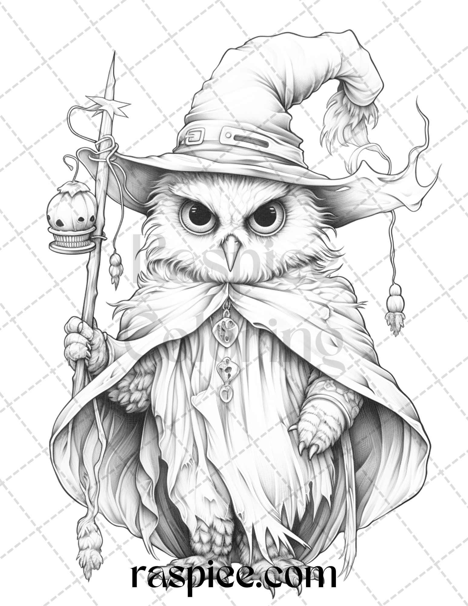 Halloween Witch Owl Grayscale Coloring Pages for Adults and Kids, Printable PDF Instant Download