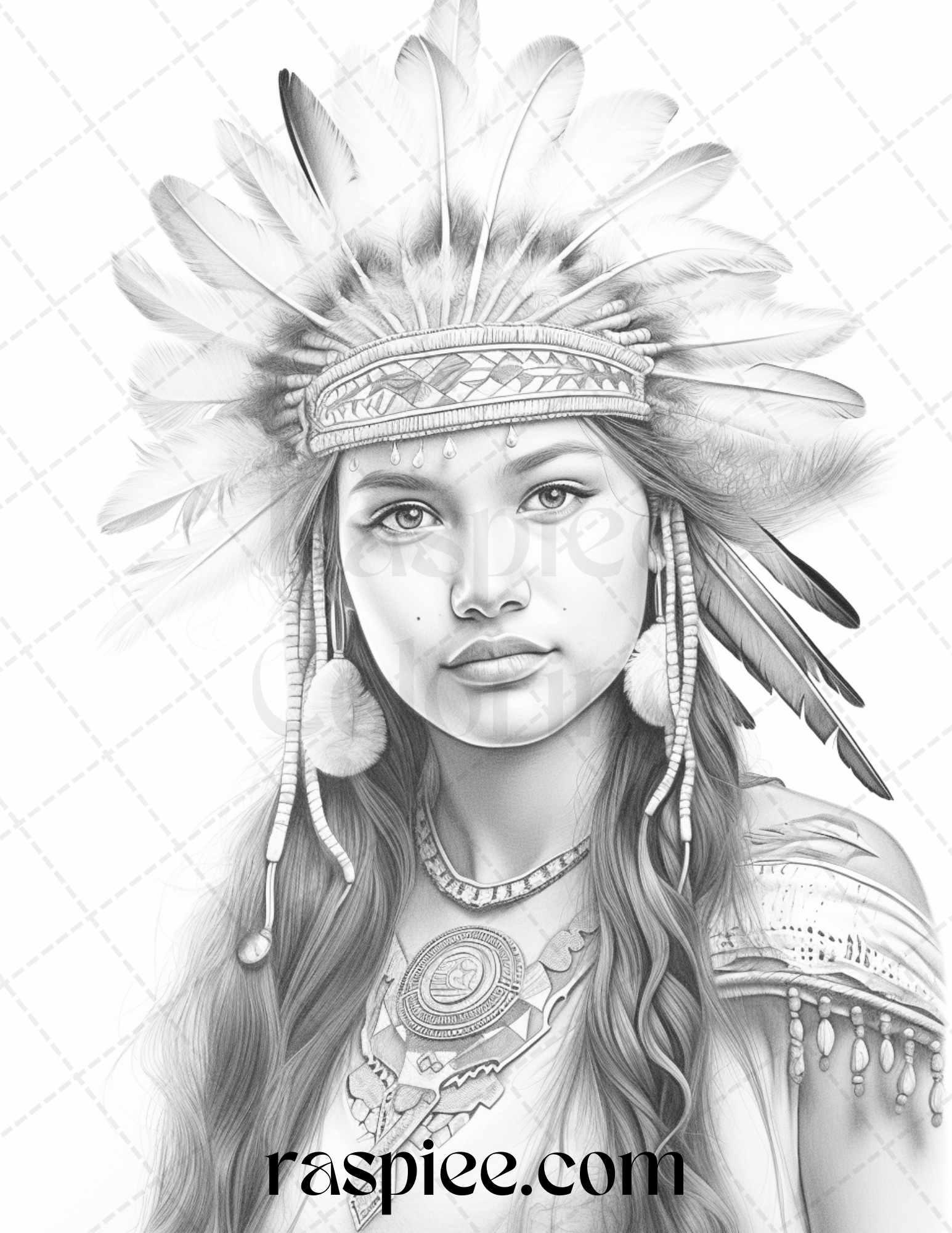 Native American Portrait Grayscale Coloring Pages Printable for Adults, PDF File Instant Download