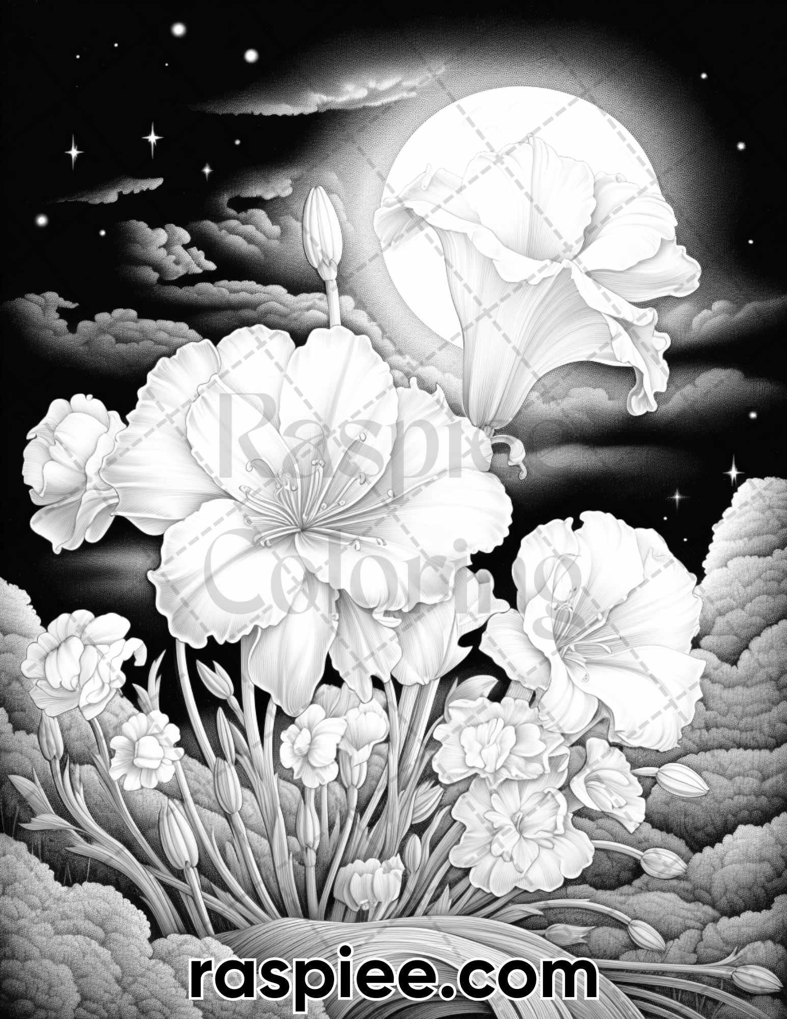 50 Flowers Under Moonlight Grayscale Coloring Pages for Adults, Printable PDF Instant Download