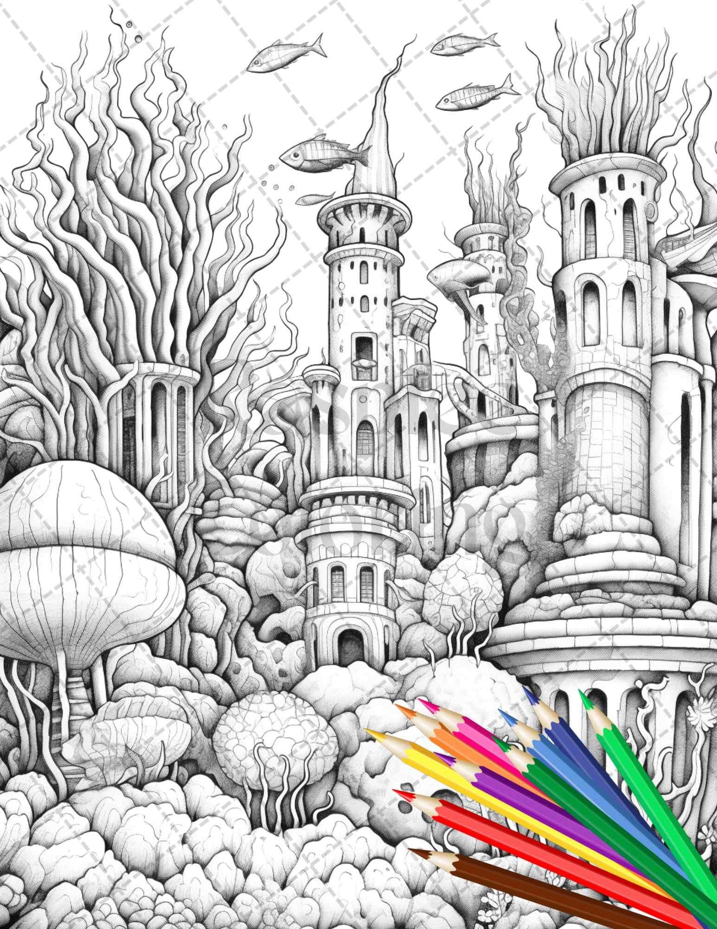 Enchanted Underwater City Grayscale Coloring Pages Printable for Adults, PDF File Instant Download