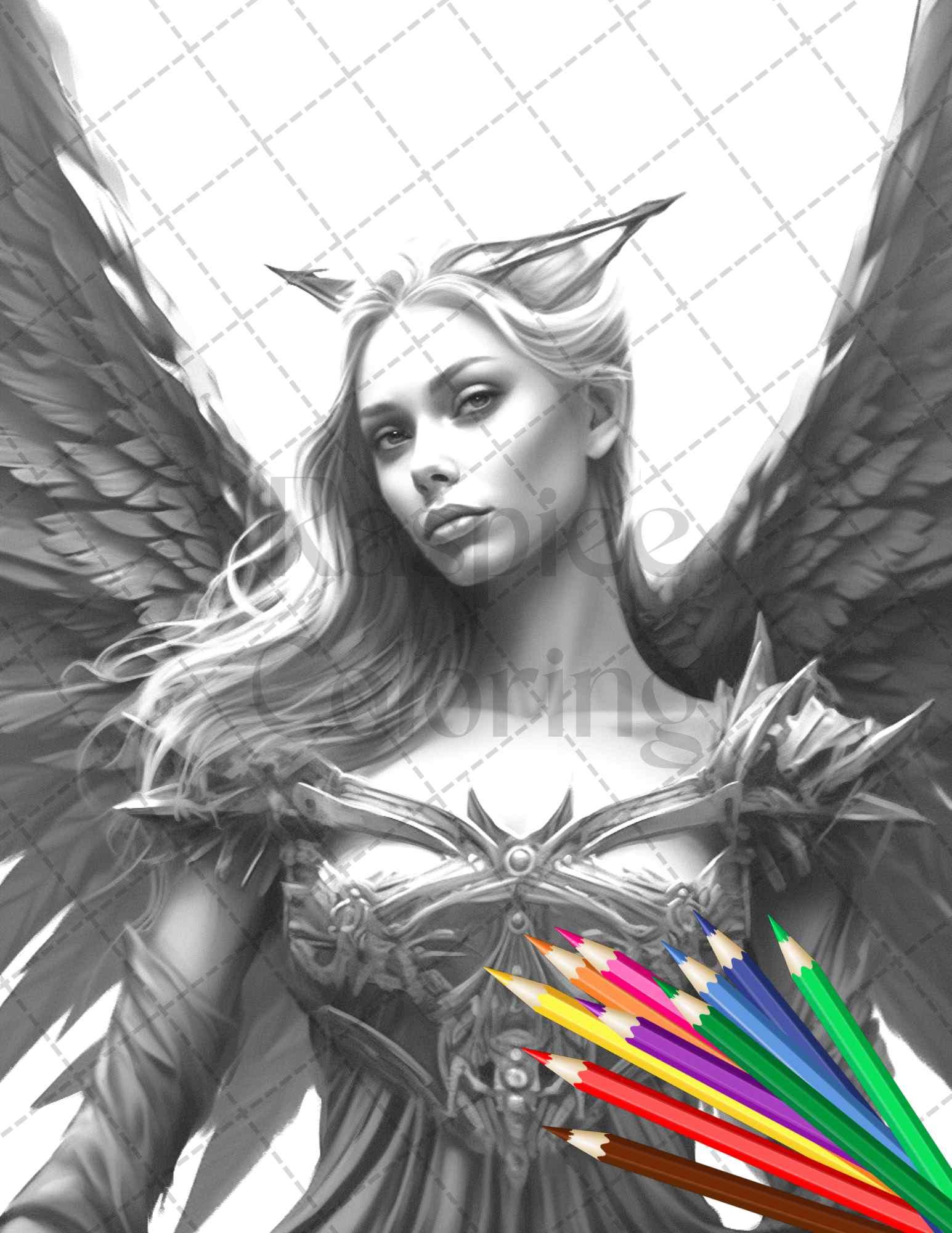 Beautiful Dark Fairy Grayscale Coloring Pages Printable for Adults, PDF File Instant Download
