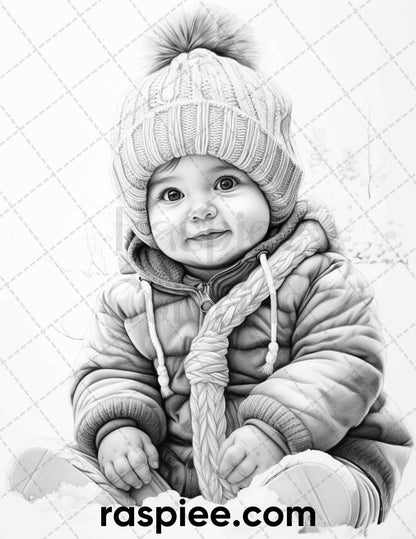 50 Baby Winter Portrait Grayscale Coloring Pages Printable for Adults, PDF File Instant Download