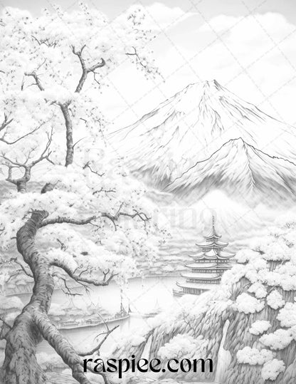 60 Mountain Flower Landscapes Grayscale Coloring Pages Printable for Adults, PDF File Instant Download