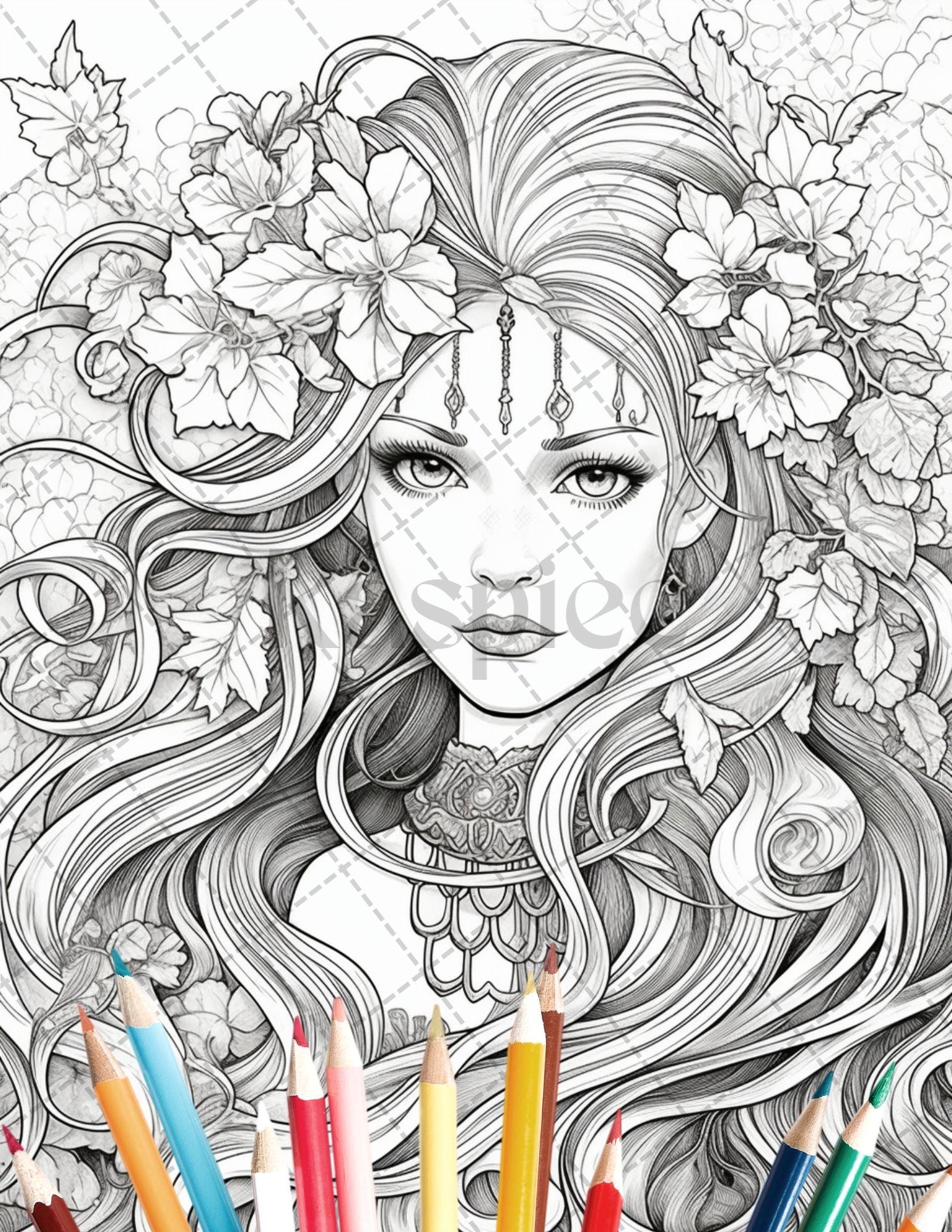 35 Beautiful Printable Elf Girls Coloring Book for Adults, Grayscale Coloring Page, PDF File Instant Download