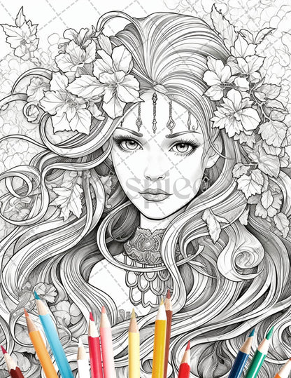 35 Beautiful Printable Elf Girls Coloring Book for Adults, Grayscale Coloring Page, PDF File Instant Download