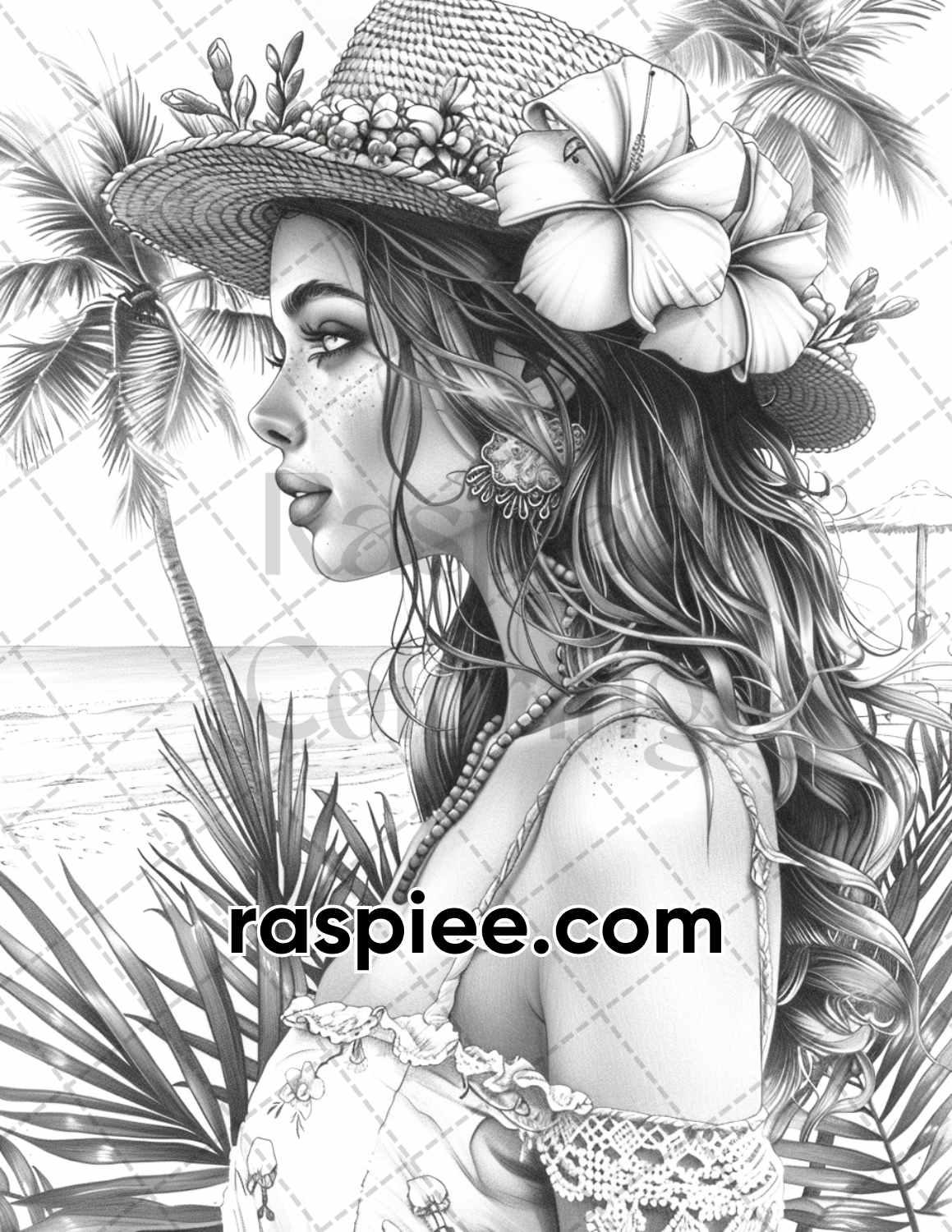70 Beautiful Tropical Girls Grayscale Adult Coloring Pages Printable PDF Instant Download