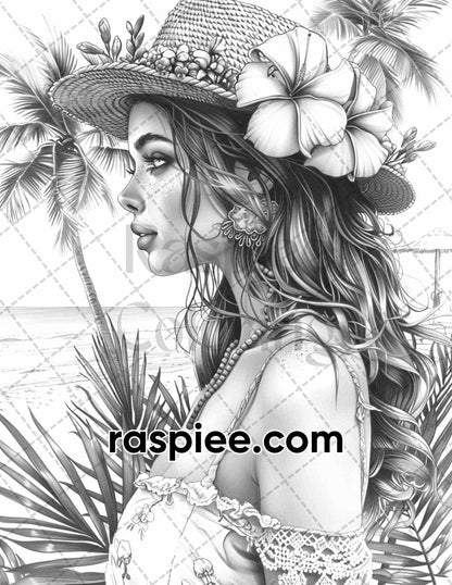 70 Beautiful Tropical Girls Grayscale Adult Coloring Pages Printable PDF Instant Download