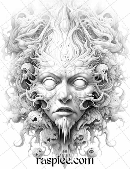 53 Surreal Creatures Grayscale Coloring Pages for Adults, Printable PDF File Instant Download