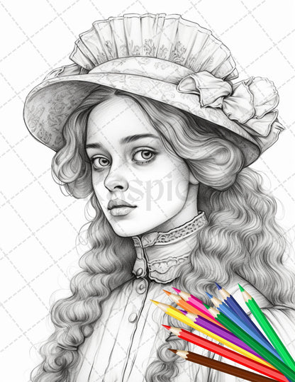 36 Beautiful Victorian Girls Coloring Pages Printable for Adults, Grayscale Coloring Page, PDF File Instant Download