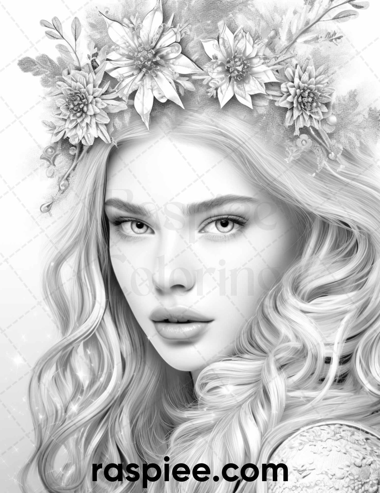 50 Winter Queens Portrait Grayscale Coloring Pages Printable for Adults, PDF File Instant Download