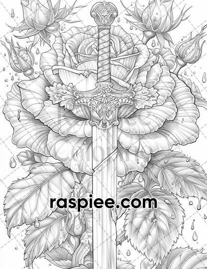66 Intricate Gothic Tattoos Grayscale Adult Coloring Pages, Printable PDF Instant Download