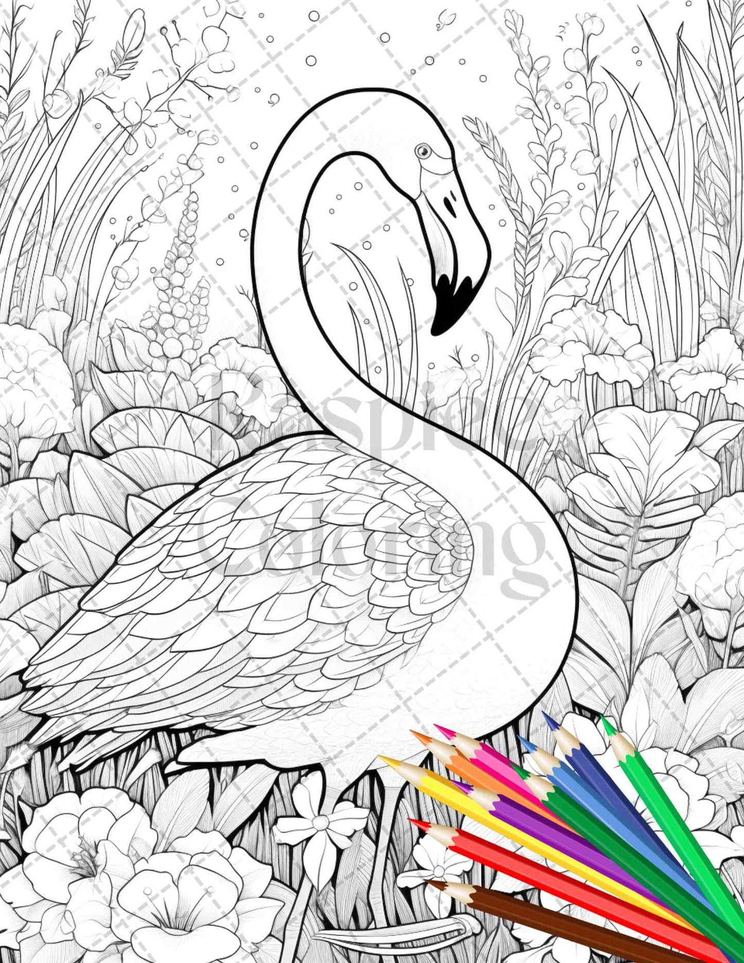 Flamingo Oasis Grayscale Coloring Pages Printable for Adults, PDF File Instant Download