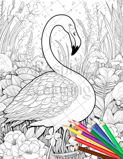 Flamingo Oasis Grayscale Coloring Pages Printable for Adults, PDF File Instant Download