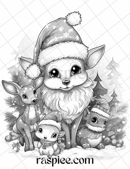 70 Christmas Critters Grayscale Coloring Pages Printable for Adults and Kids, PDF File Instant Download