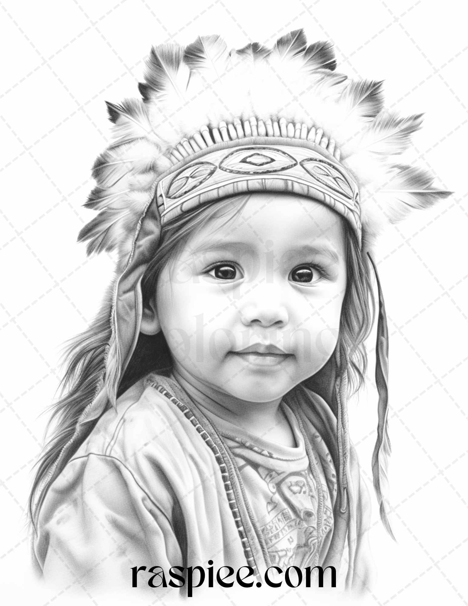 50 Native American Little Girls Boys Grayscale Coloring Pages Printable for Adults Kids, PDF File Instant Download