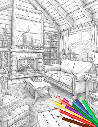 Cozy Cabin Interior Grayscale Coloring Pages Printable for Adults, PDF File Instant Download