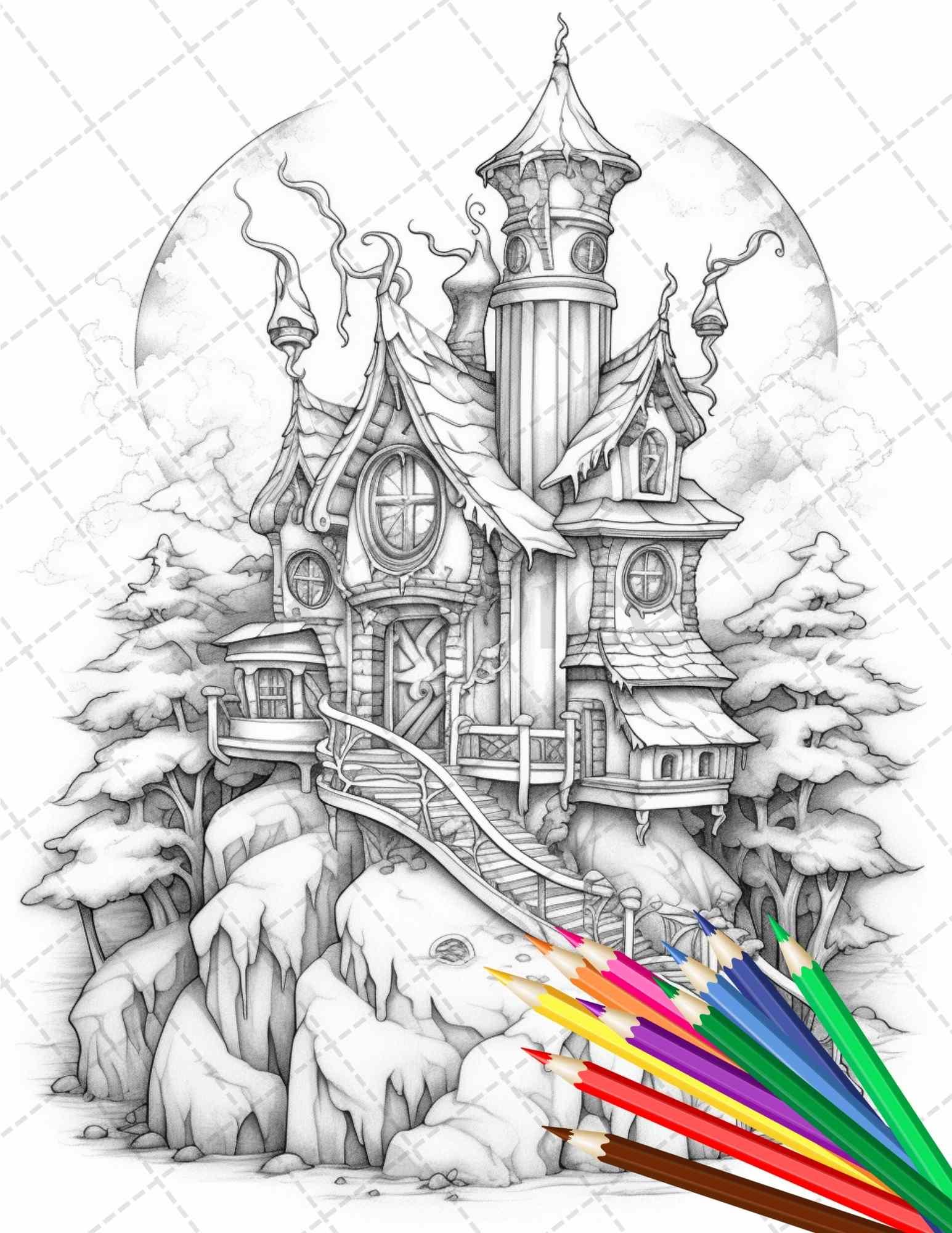 63 Winter Fairy Houses Grayscale Coloring Pages Printable for Adults, PDF File Instant Download