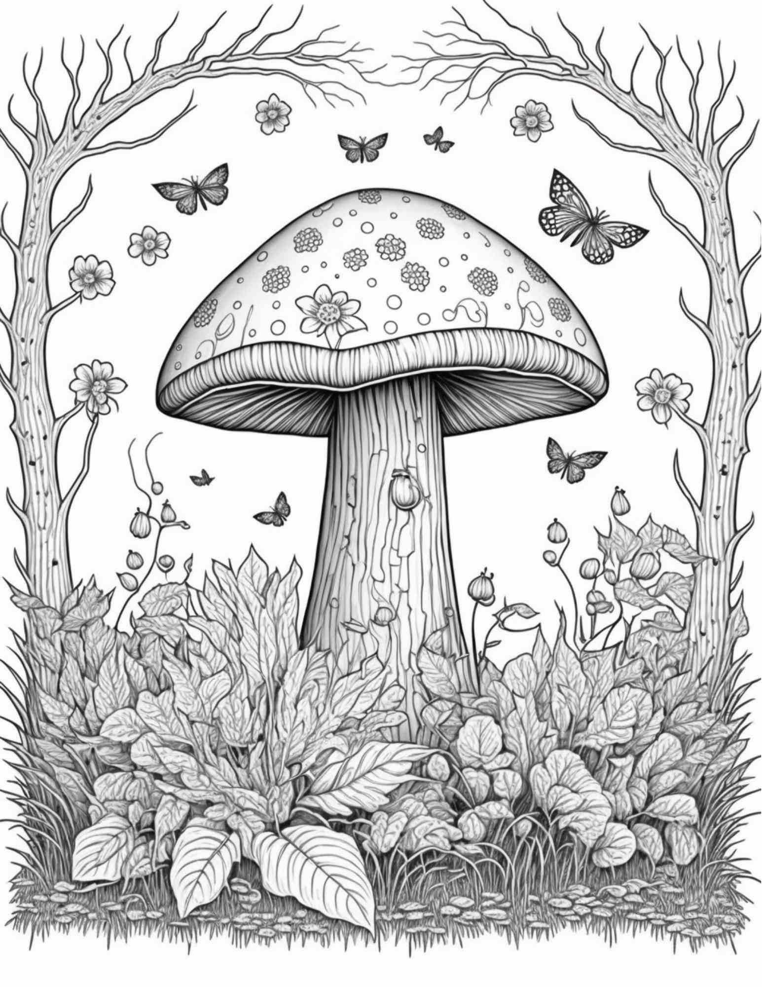 100 Mushroom Forest Coloring Pages Printable for Adults and Kids, Grayscale Coloring Book, Printable PDF File Instant Download