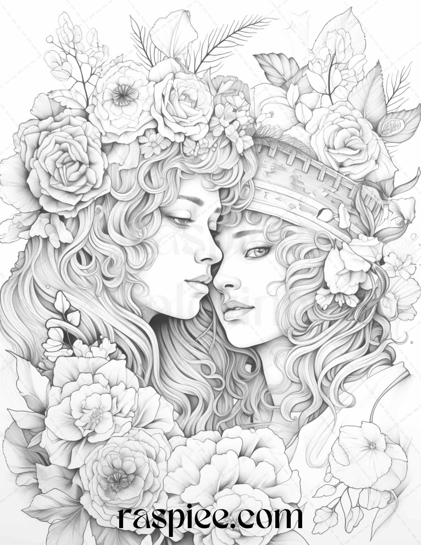 50 Romantic Couple Flowers Grayscale Coloring Pages Printable for Adults, PDF File Instant Download