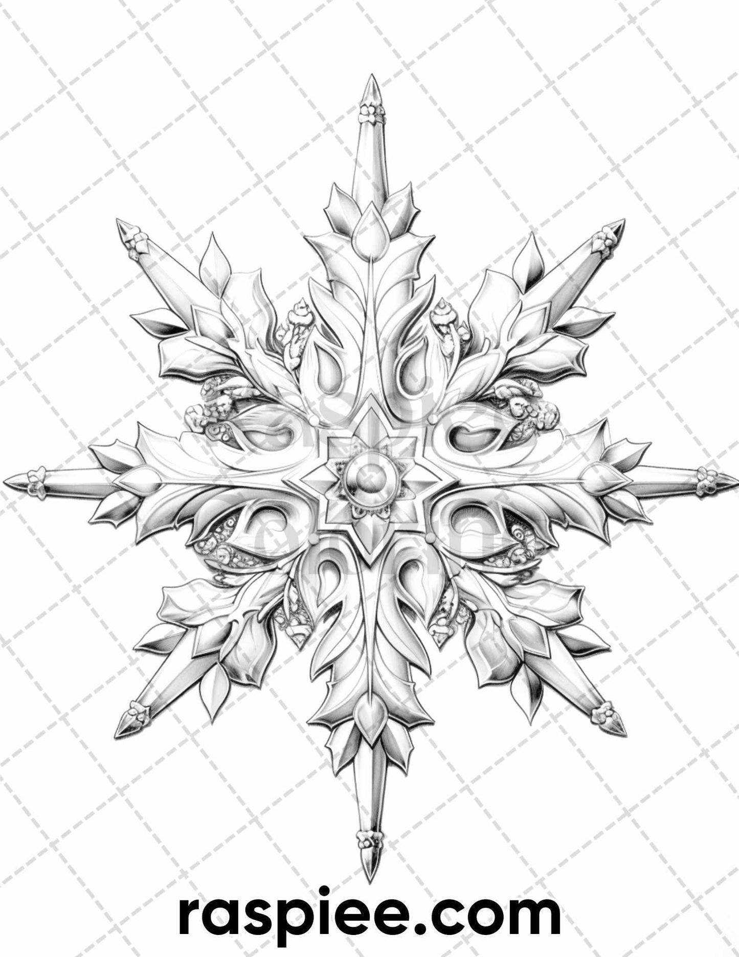 50 Christmas Snowflake Grayscale Coloring Pages for Adults, Printable PDF Instant Download