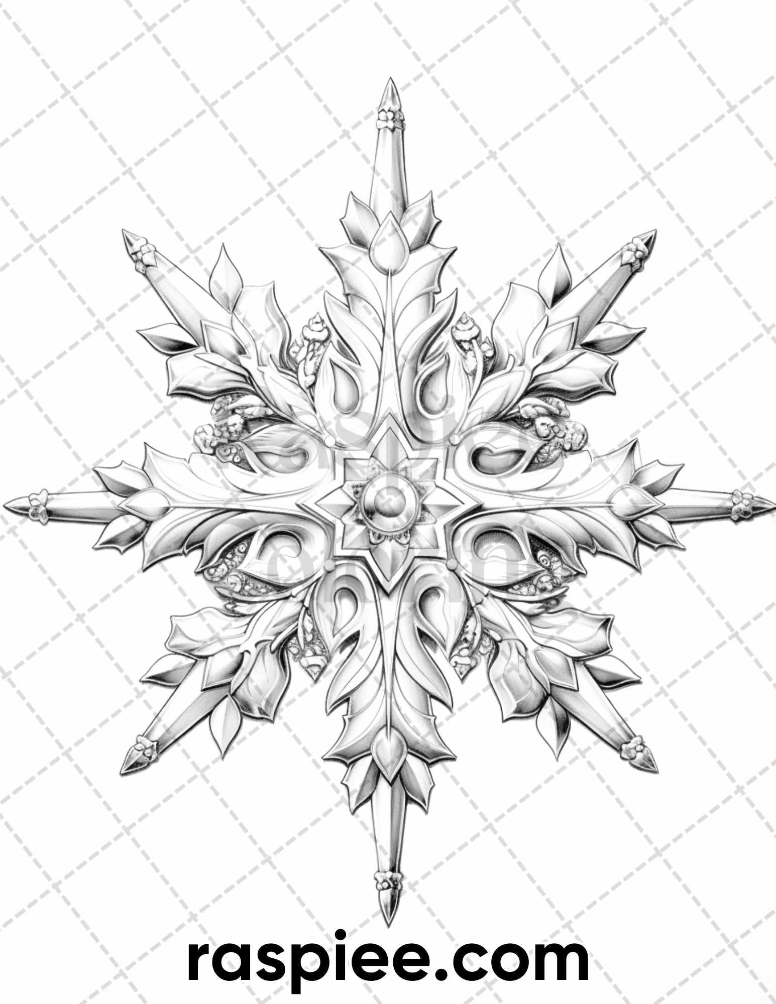 50 Christmas Snowflake Grayscale Coloring Pages for Adults, Printable PDF Instant Download