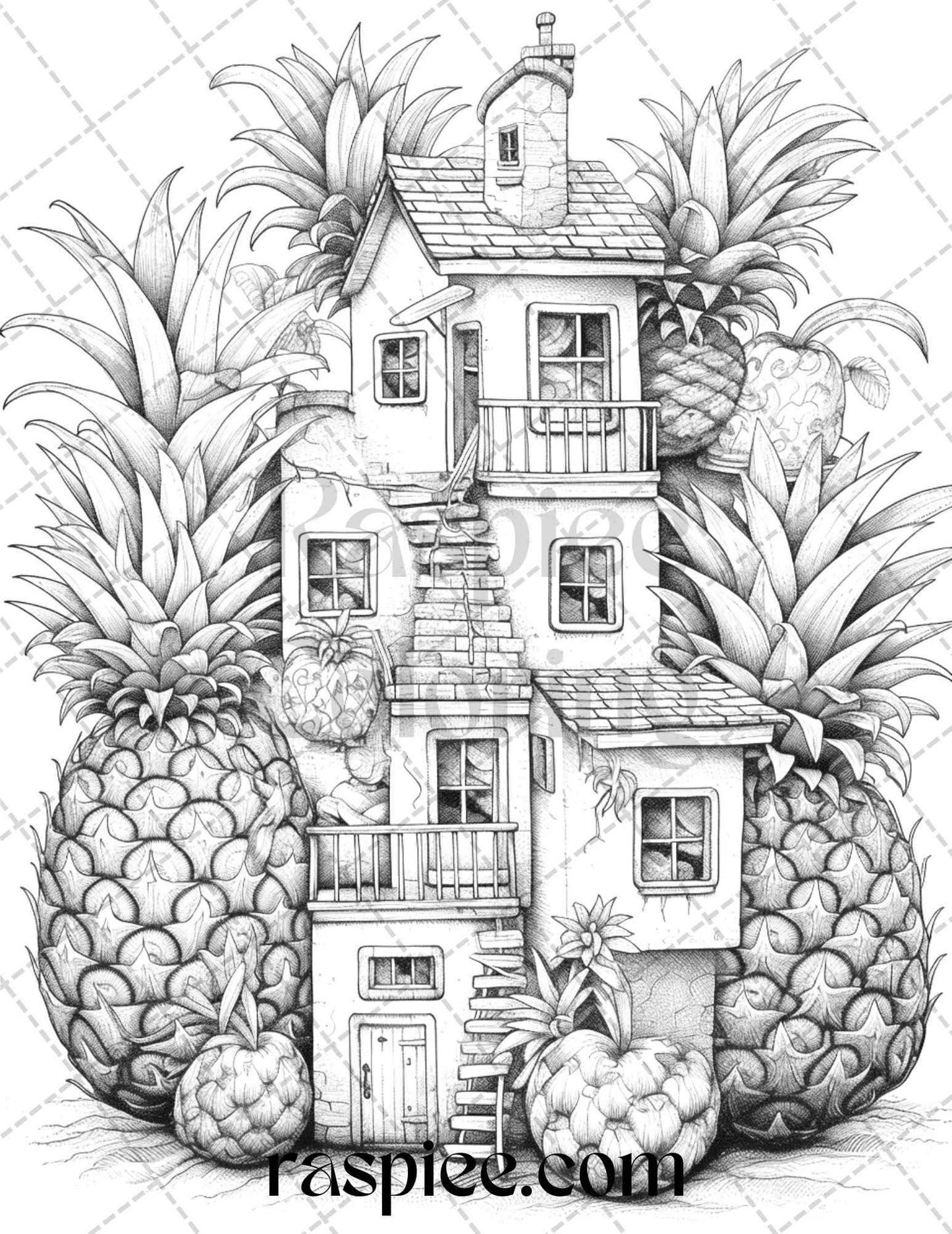 50 Pineapple Houses Grayscale Coloring Pages Printable for Adults, PDF File Instant Download