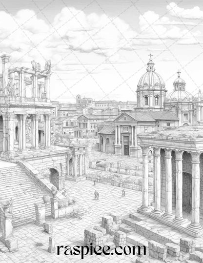 Roman Architecture Grayscale Coloring Pages Printable for Adults, PDF File Instant Download