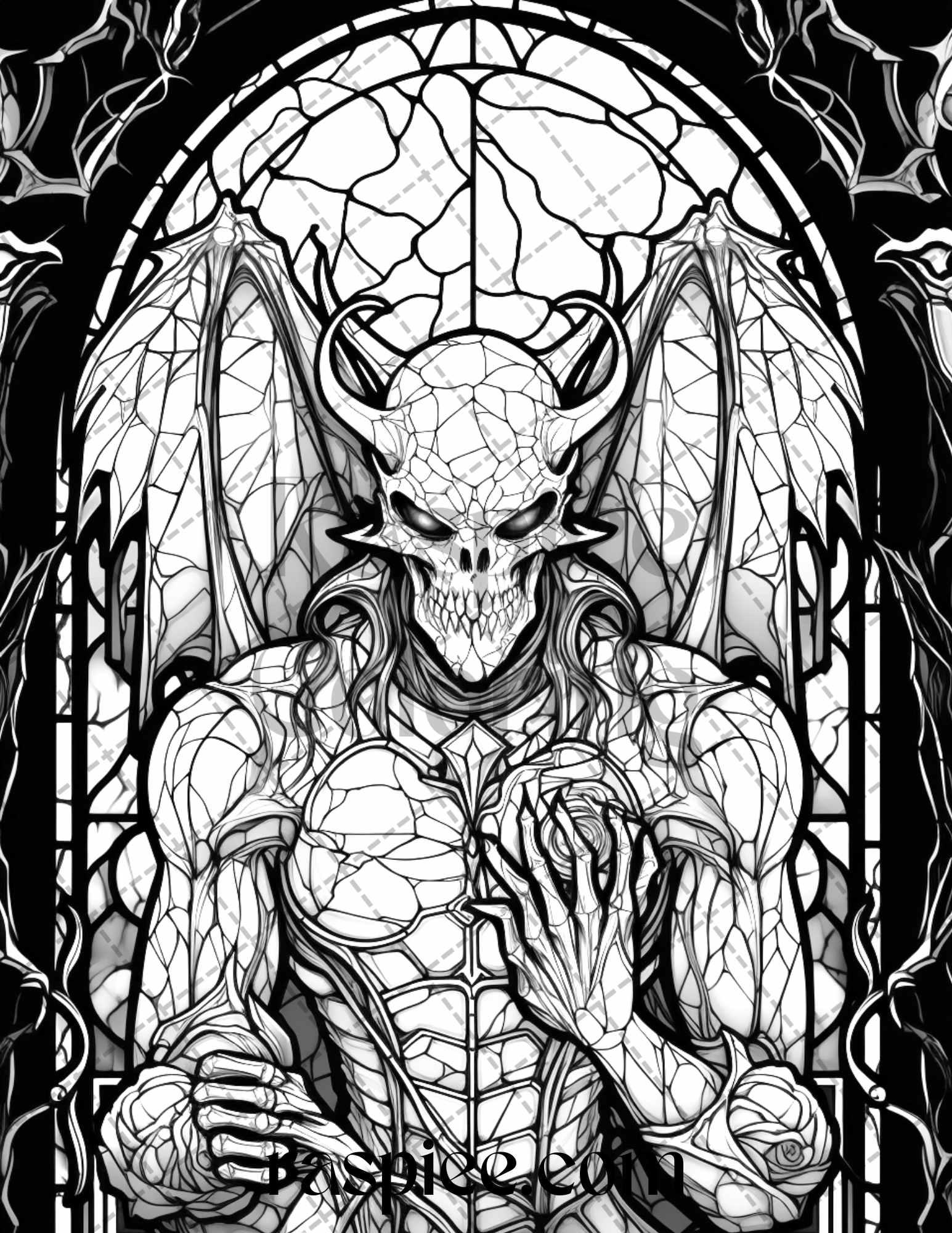 70 Halloween Stained Glass Grayscale Coloring Pages Printable for Adults, PDF File Instant Download