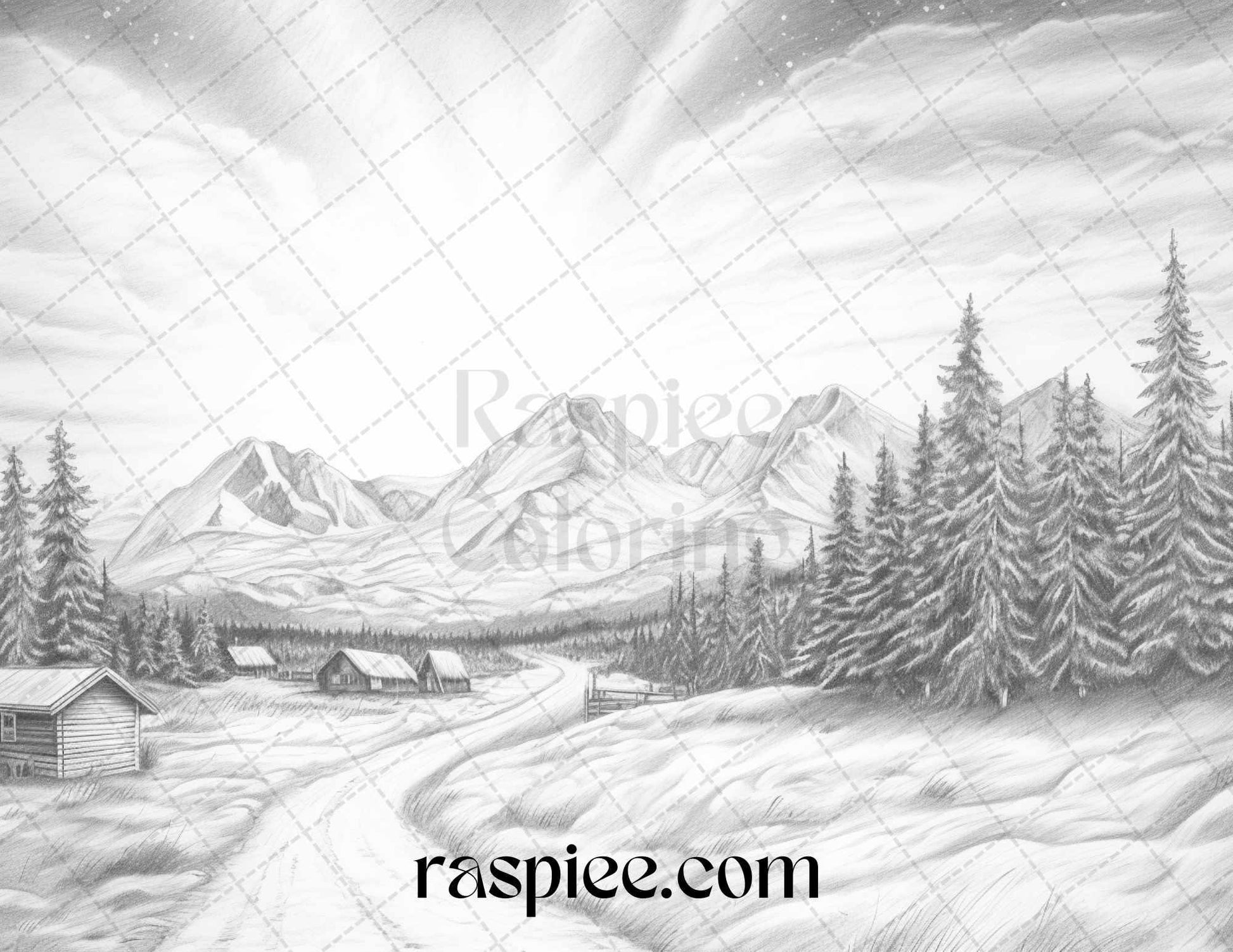 Aurora Borealis Landscape Grayscale Coloring Pages for Adults, Printable PDF File Instant Download