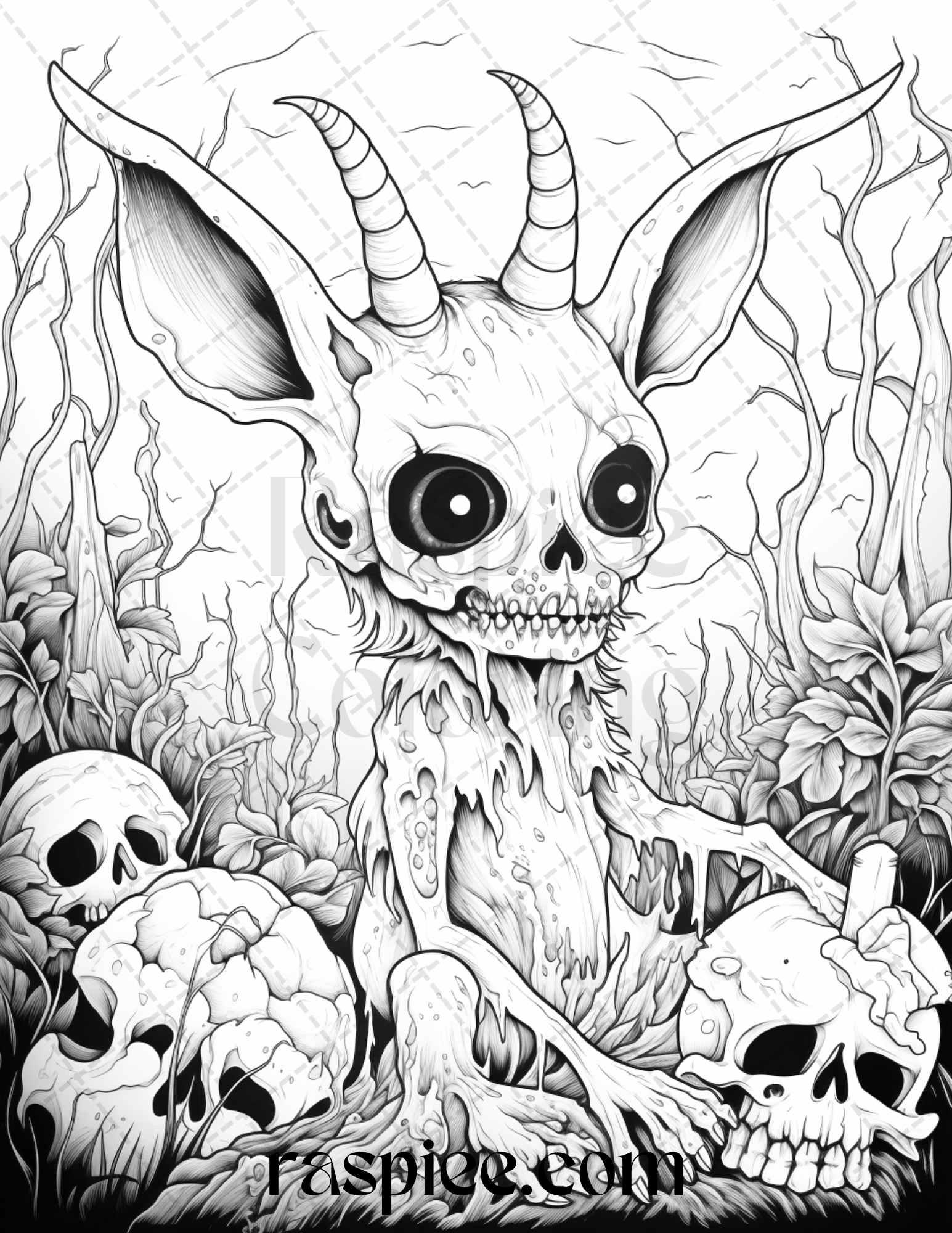 50 Halloween Scary Animals Grayscale Coloring Pages Printable for Adults, PDF File Instant Download
