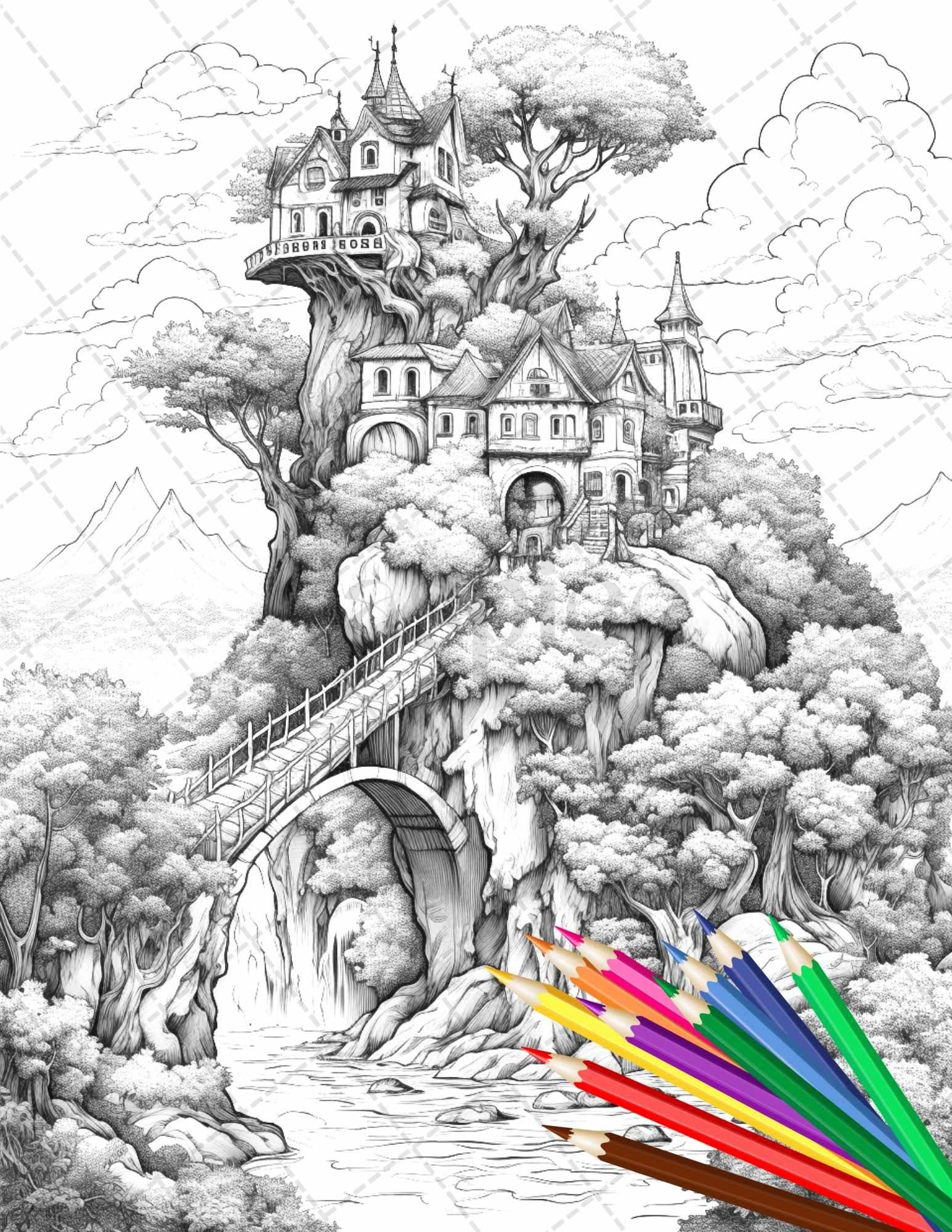 110 Enchanted Treehouse Coloring Book Printable for Adults, Grayscale Coloring Page, PDF File Instant Download