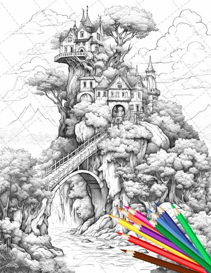 110 Enchanted Treehouse Coloring Book Printable for Adults, Grayscale Coloring Page, PDF File Instant Download
