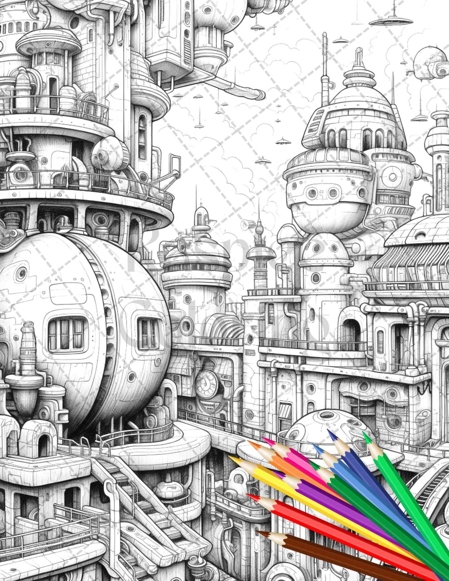 50 Futuristic Metropolis Grayscale Coloring Pages Printable for Adults, PDF File Instant Download