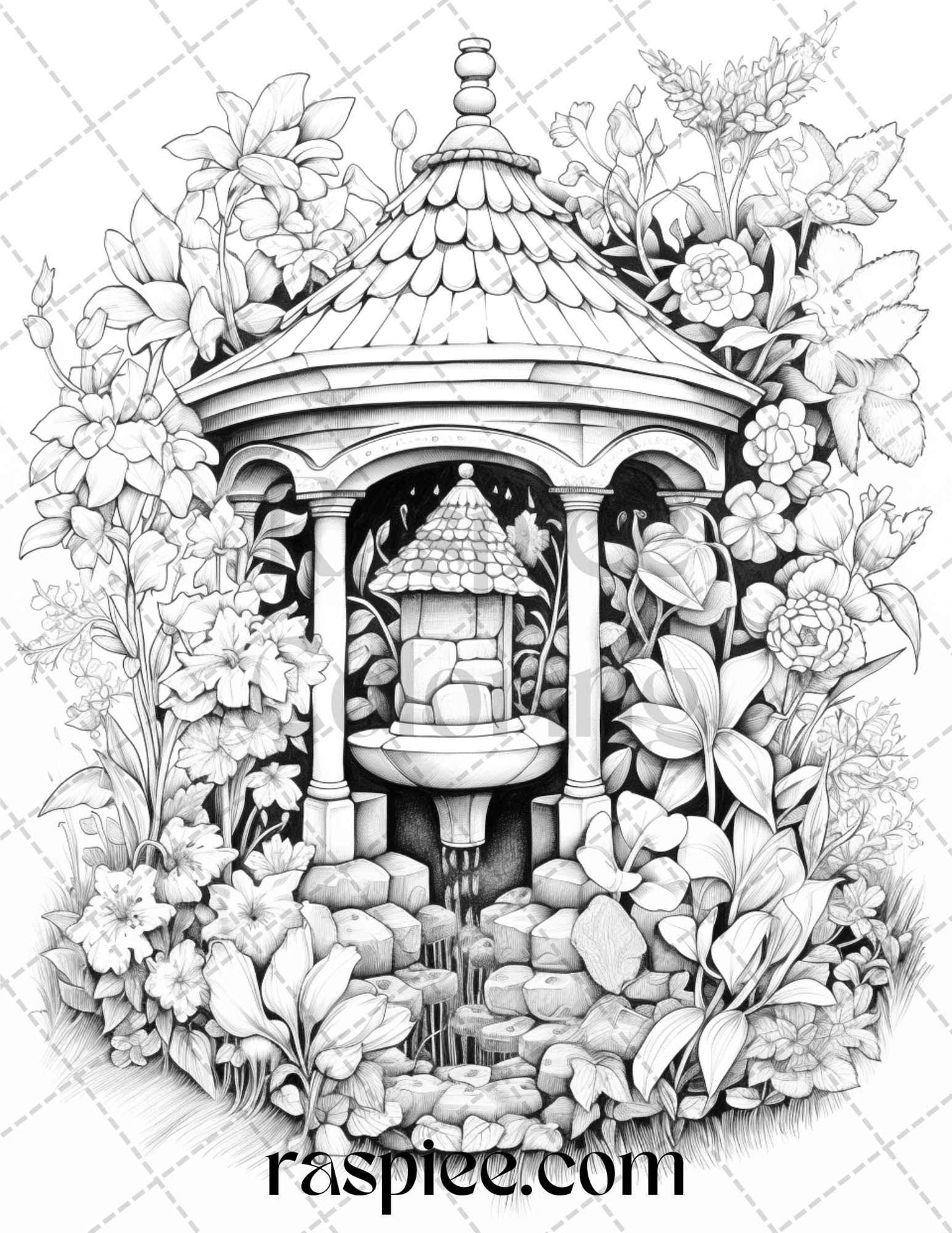 40 Whimsical Wishing Wells Grayscale Coloring Pages Printable for Adults, PDF File Instant Download