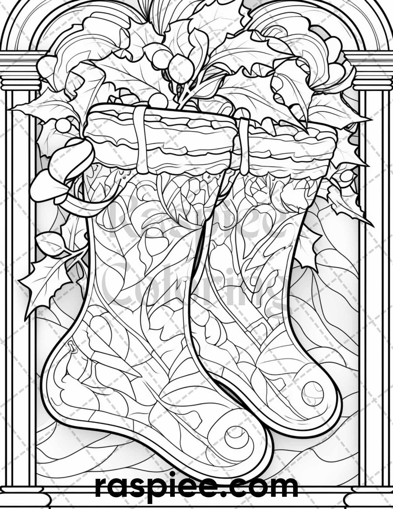 50 Christmas Stained Glass Grayscale Coloring Pages for Adults, Printable PDF File Instant Download