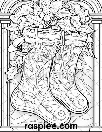 50 Christmas Stained Glass Grayscale Coloring Pages for Adults, Printable PDF File Instant Download