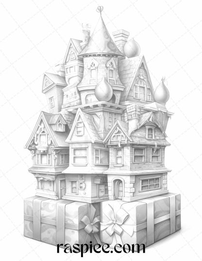 40 Adorable Gift Box Houses Grayscale Coloring Pages Printable for Adults Kids, PDF File Instant Download