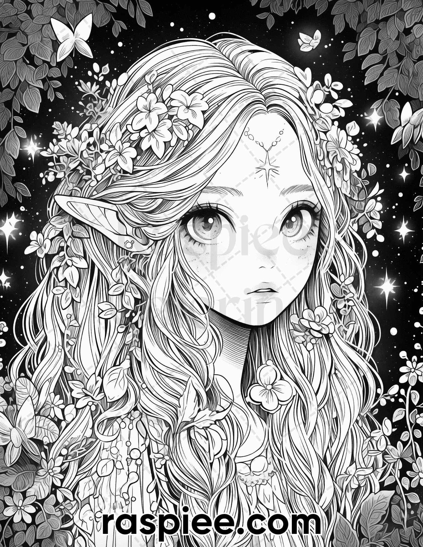52 Cute Druid Girl Grayscale Coloring Pages for Adults, Printable PDF Instant Download