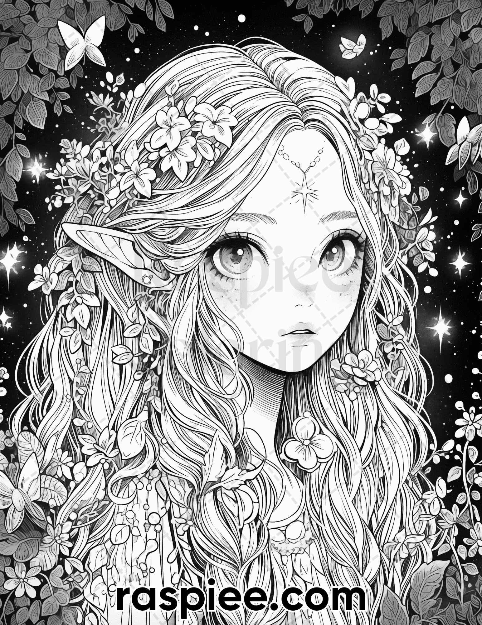 52 Cute Druid Girl Grayscale Coloring Pages for Adults, Printable PDF Instant Download