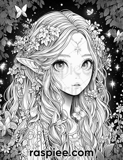 52 Cute Druid Girl Grayscale Coloring Pages for Adults, Printable PDF Instant Download