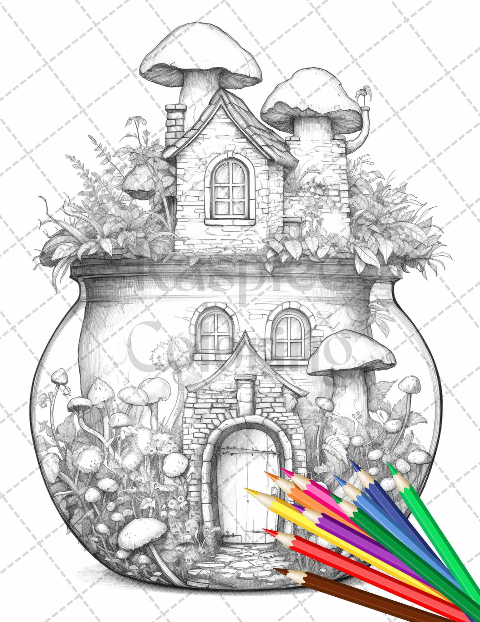 Fairy House in Jar Grayscale Coloring Pages Printable for Adults, PDF File Instant Download
