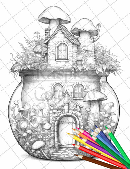 Fairy House in Jar Grayscale Coloring Pages Printable for Adults, PDF File Instant Download