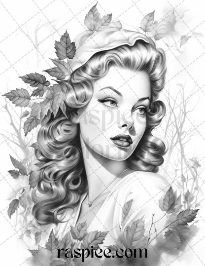 55 Autumn Pin Up Girls Grayscale Coloring Pages Printable for Adults, PDF File Instant Download