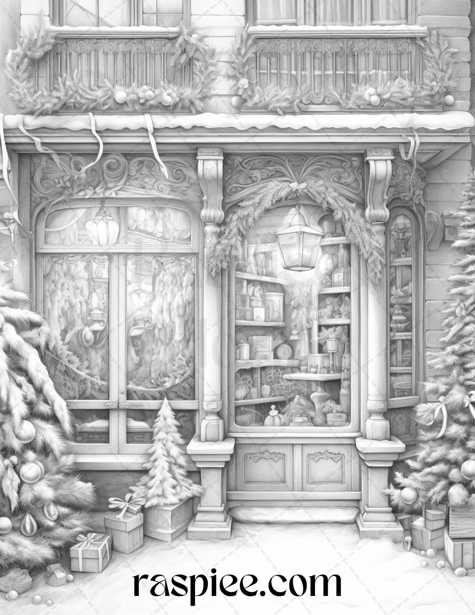 Christmas Store Front Grayscale Coloring Pages for Adults, PDF Printable Instant Download