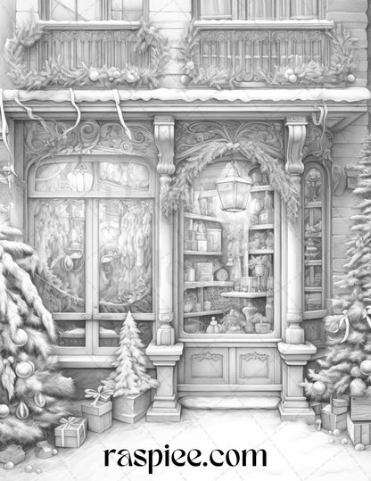 Christmas Store Front Grayscale Coloring Pages for Adults, PDF Printable Instant Download